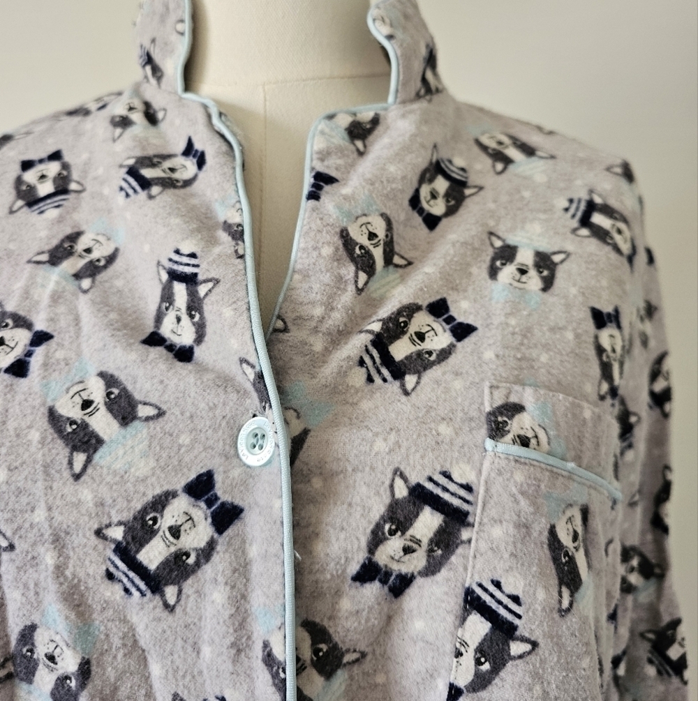 La Vie En Rose M Gray Patterned Button-Up Shirt Sleepwear Dog 100% Cotton - Picture 2 of 6